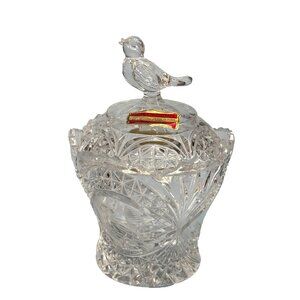 Vintage Echt Bleikristall Crystal Sugar Bowl With Bird Lid & Spoon West Germany